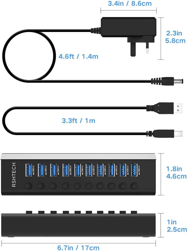 Thumbnail 5 de RSHTECH RSH-A10 10‑port USB 3.0 Hub 36W