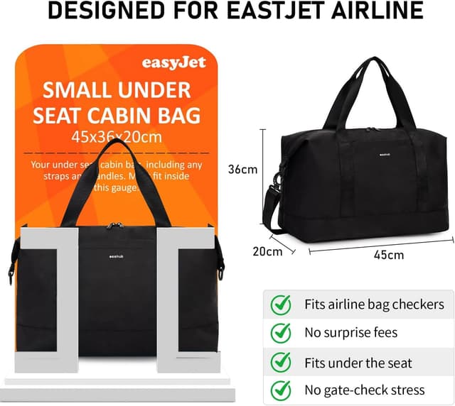Detalle 2 de ECOHUB Easyjet 30L Cabin Bag (45x36x20cm) with Removable Wet Pocket & Underseat Travel Holdall - Black