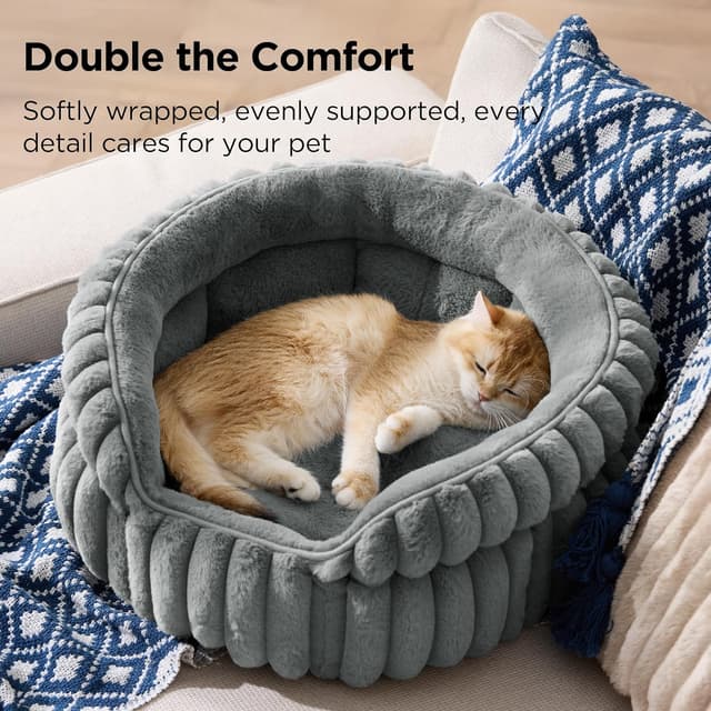 Detalle de Bedsure Cat Bed Washable Kitten Bed (51x51cm) Corduroy Fleece – Grey