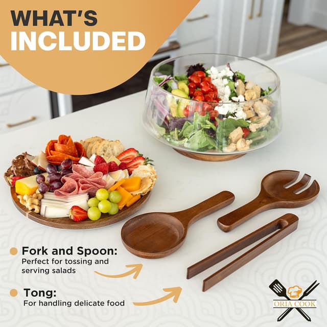 Detalle de Oria Cook Large Glass Salad Bowl with Lid Set (5.7 L) + Wood Utensils