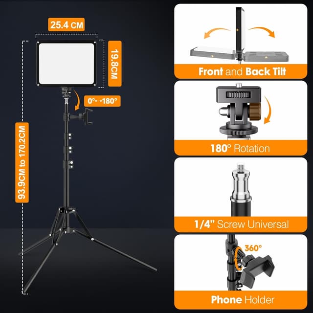 Detalle de EMART 2-Pack LED Photography Lighting Kit (25 x 20cm) with Tripods, 2800K–7000K Dimmable Panel Lights