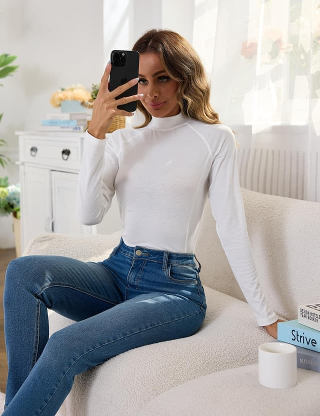 Detalle 2 de Terecey Haut Thermique Femme à col haut rond, manches longues (sous-pull en coton épais) pour automne-hiver