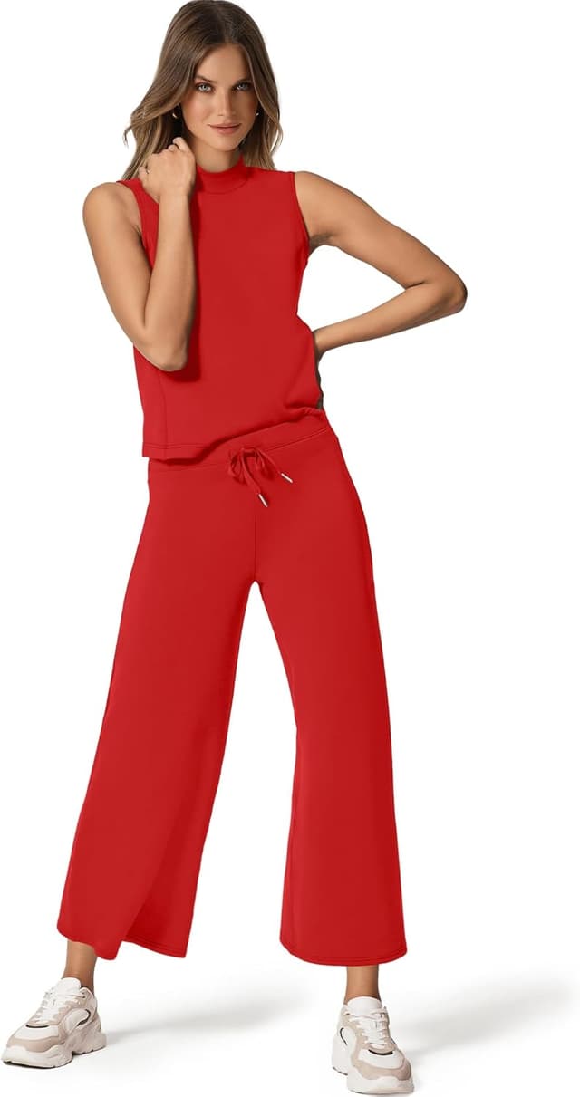 Detalle de SAMPEEL Two-Piece Lounge Set for Women: Mock Neck Sleeveless Top + Wide-Leg Crop Pants