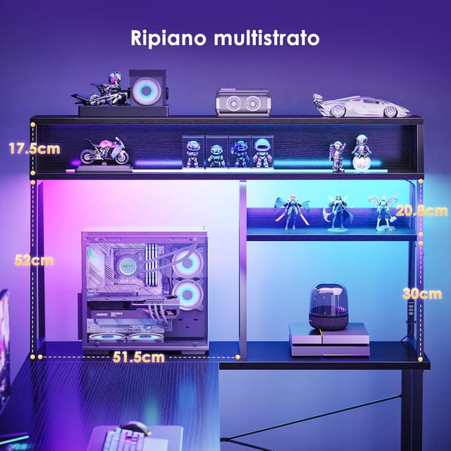 Detalle de Coleshome scrivania gaming angolare reversibile con LED RGB e scaffale 130x100 cm, colore nero