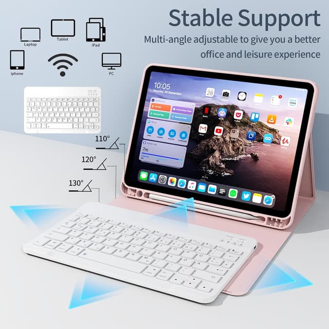 Detalle de GKABXY Hülle mit Tastatur für iPad (A16) 10./11. Generation – magnetische Bluetooth-Tastatur, Soft-TPU, QWERTZ, Rosa