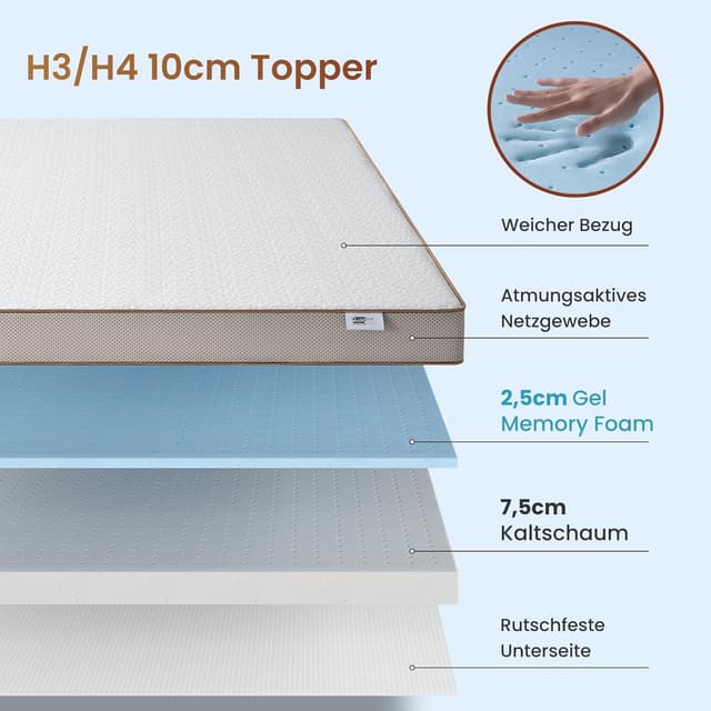 Detalle 2 de BedStory 10 cm Topper 180x200 cm H3/H4 mit Gel Memory Foam & Kaltschaum – kühlend, stützend, waschbarer Bezug