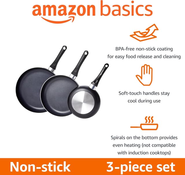 Detalle de Amazon Basics Ceramic Non-Stick 3-Piece Frying Pan Set (20.3cm, 25.4cm & 30.5cm) in Black