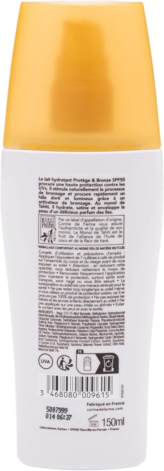 Detalle 2 de Corine de Farme Lait Hydratant Protect & Bronze SPF50 — lait solaire au monoï de Tahiti