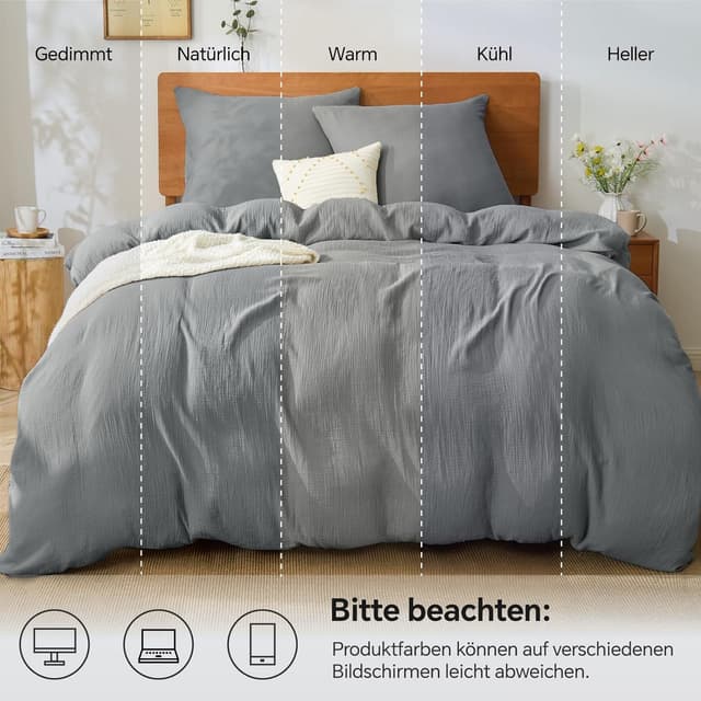 Detalle de BEDELITE Musselin Bettwäsche 155x220 aus Baumwolle (ÖKO-TEX), 3-teilig mit Reißverschluss