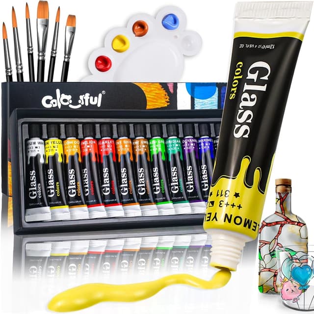 Detalle de Colourful Acrylic Stained Glass Paint Set with 12 Colours, 6 Brushes & 1 Palette