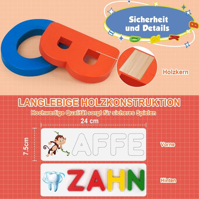 Detalle de Joozmui Buchstaben-Lernspiel (ab 3–8 Jahre) mit Wortkarten und Buchstabenblöcken für Mädchen und Jungen