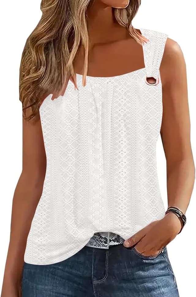 Detalle de Summer Tank Tops for Women Pleated Square Neck O-Ring Shoulder Sleeveless Casual Loose Fit