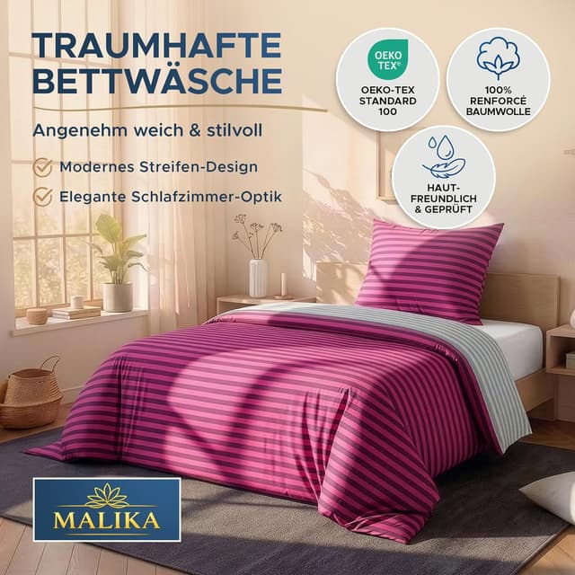 Detalle 2 de MALIKA Bettwäsche 135x200 aus Baumwolle, 2-teiliges Set (Weinrot, Streifen) mit Wendebezug