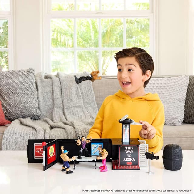 Detalle de Coffret Microphone Boss Final Knuckle Crunchers JFX07 avec figurine articulée The Rock (8 cm) et accessoires WWE