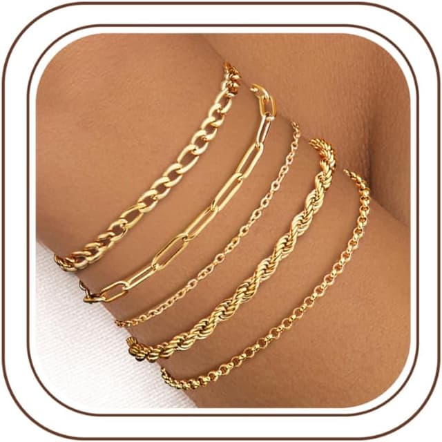 Detalle de Finrezio 3–5er-Armband-Set für Damen in Gold (14 Karat vergoldet) aus Edelstahl – Figaro, Perlen & Ketten mit Verlängerung