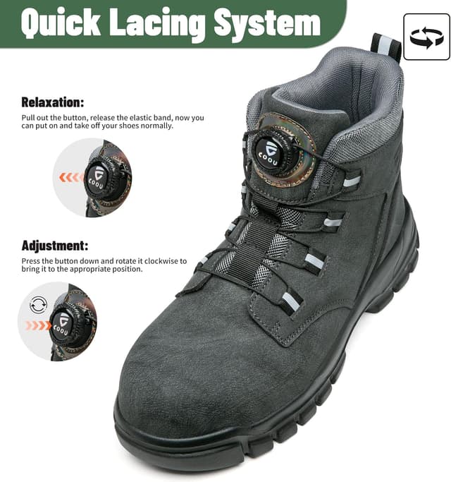 Detalle de KOIFISH steel toe cap work boots with quick lace system and anti-slip grip