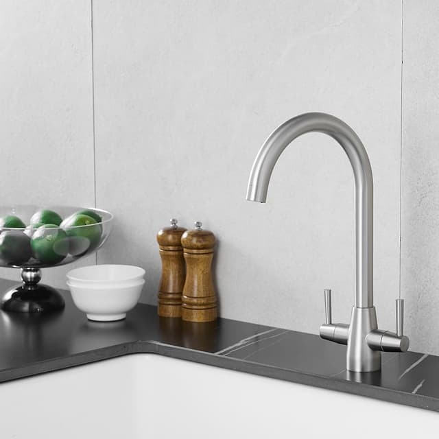 Detalle de Heable dual lever kitchen mixer tap with swivel spout, brushed nickel finish