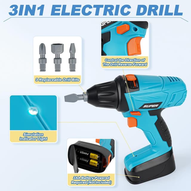 Detalle 2 de Vanplay Kids Tool Set (52 pcs) with Electronic Toy Drill & Tool Belt for Pretend Play