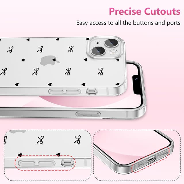 Detalle 2 de ZTOFERA durchsichtige Hülle für iPhone 15 Plus (6,7") mit Herz & Schleife Design, weiches TPU, stoßfest