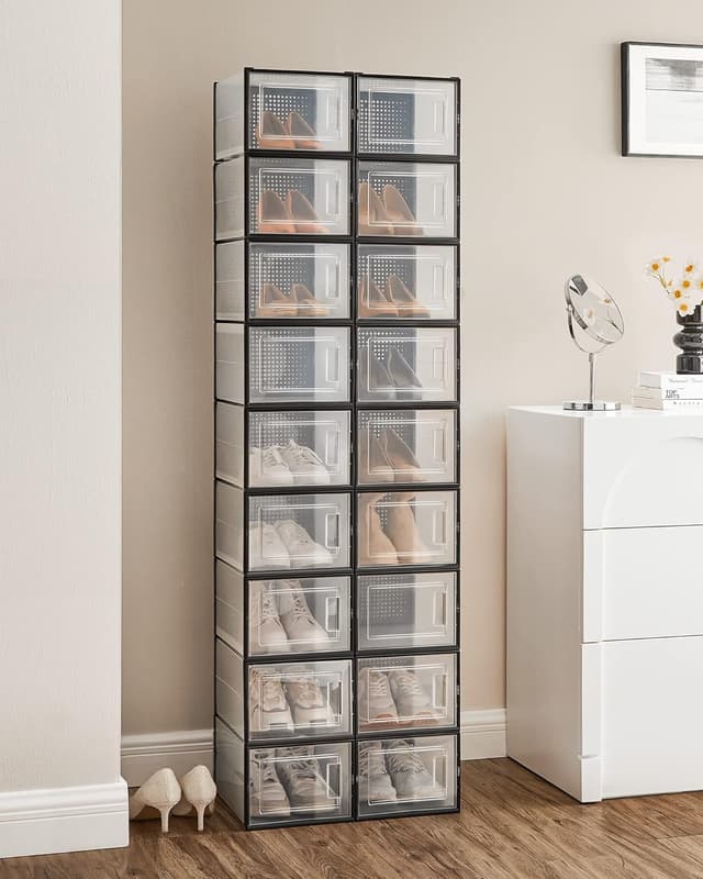 Detalle de SONGMICS Scatole per Scarpe LSP007B18, set da 18 contenitori pieghevoli e impilabili fino alla taglia 46