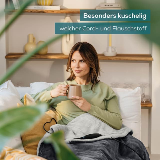 Detalle de Beurer HD 80 Cord grau Heizdecke mit 6 Temperaturstufen, Abschaltautomatik & recycelten Materialien (180 x 130 cm)