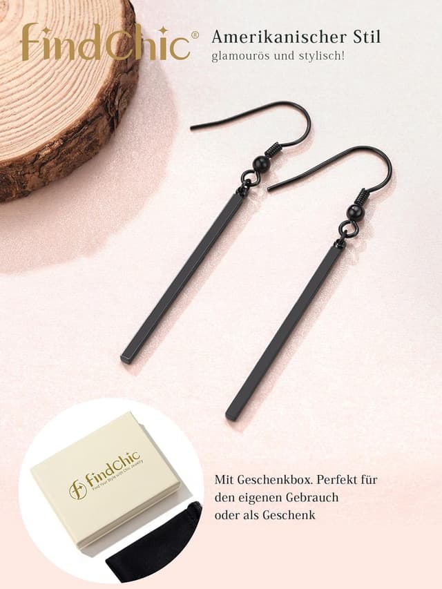 Detalle de FindChic Stab Ohrringe aus Edelstahl – lange, hängende Minimal-Statement-Tropfen in Schwarz/Gold/Silber