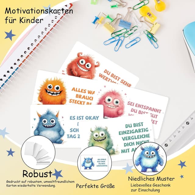Detalle 2 de Oizemori 20 Affirmationskarten für Kinder – Mutmacher mit Monster-Motiven für Schule, Kita & Brotdose