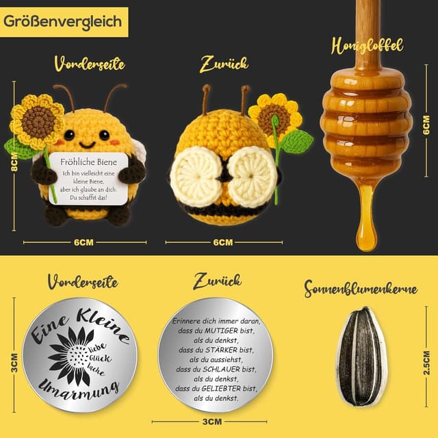 Detalle 2 de Tixlux Pocket Hug Fröhliche Biene mit Sonnenblumenstrauß – Strick-Dekofigur & Umarmungs-Glücksbringer