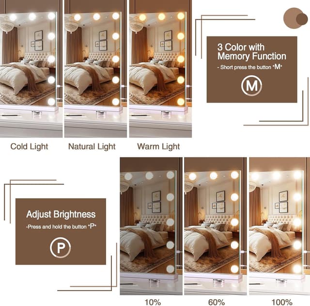 Detalle de halumao Hollywood Vanity Mirror with Lights (58 x 48 cm) with 3 light modes, smart touch control and USB/Type-C outputs