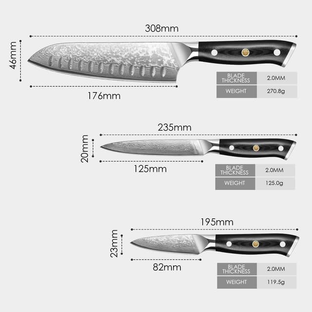 Detalle 2 de Home Safety 3er Damastmesser-Set (Santoku, Allzweck- und Obstmesser) mit G10-Griffen