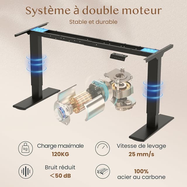 Detalle 2 de FLEXISPOT Bureau assis-debout 140 x 70 cm à 2 moteurs, 100 kg, avec fonction mémoire (noir)
