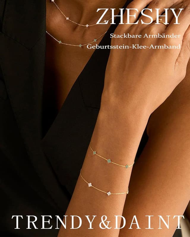 Detalle de ZHESHY Kleeblatt-Armband für Damen (14K vergoldet) mit Zirkonia, wasserfest & verstellbar