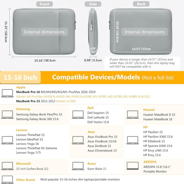 Detalle de HYZUO 15–16 Zoll Laptophülle-Set mit Schutzhülle und Zubehörtasche, Stein Grau