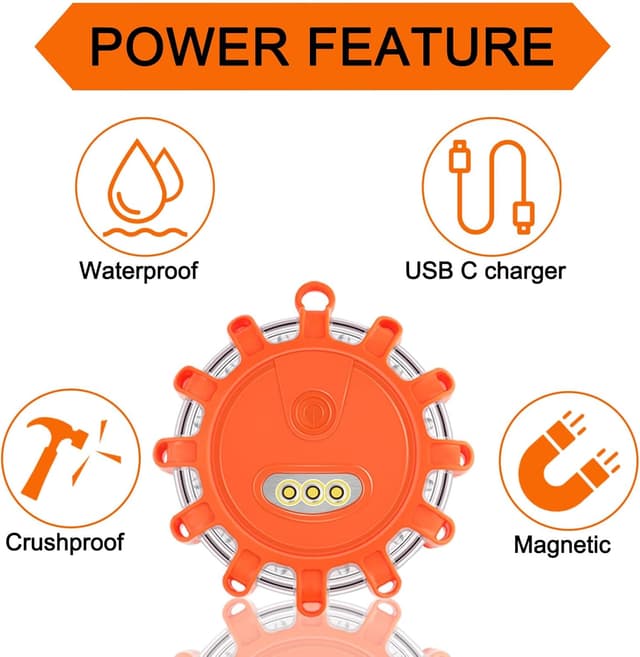 Detalle de USB-C Rechargeable LED Road Flares Emergency Lights with Magnetic Base (3-Pack) — USB C Rechargeable Road Flares Kit