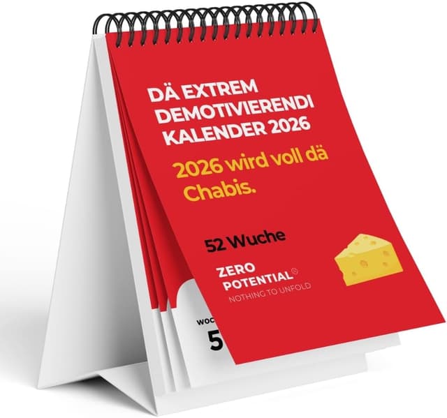 Detalle de Demotivierender Kalender (schweizerdeutsch, A6) – 2025er Tischkalender mit 52 sarkastischen Sprüchen