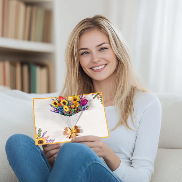 Detalle 2 de Sunflower Bunch Pop Up Paper Flower Bouquet Greeting Card with Blank Note & Envelope