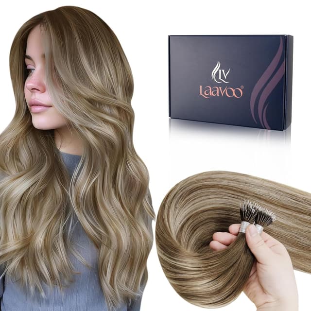Detalle de LaaVoo Nanoring Extensions Echthaar Ombre Blond (Remy), 45 cm, 100 g, 1 g/1s – #8/60/8