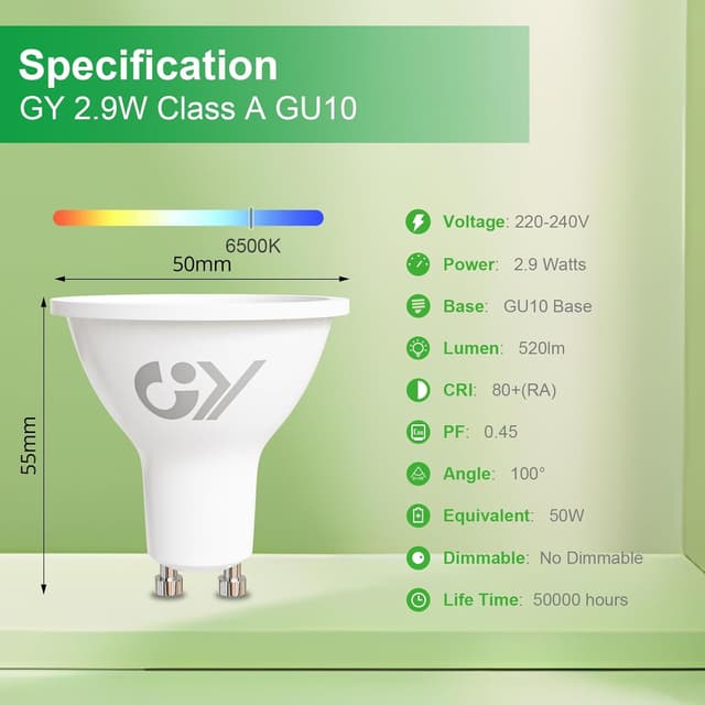 Detalle de GY GU10 2.9W LED Bulb (6500K) – 520lm, Non-Dimmable, 10 Pack