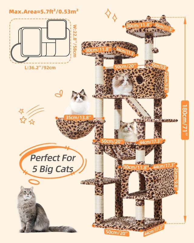 Detalle 2 de Taoqimiao 180 cm Kratzbaum groß mit 2 Katzenhäusern, Hängematte, Korb und 8 Kratzsäulen (Leopardenmuster)