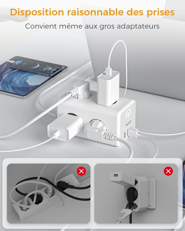 Thumbnail 6 de TESSAN 9 en 1 multiprise USB C : 6 sorties secteur, interrupteur et rallonge 2 m (gris)