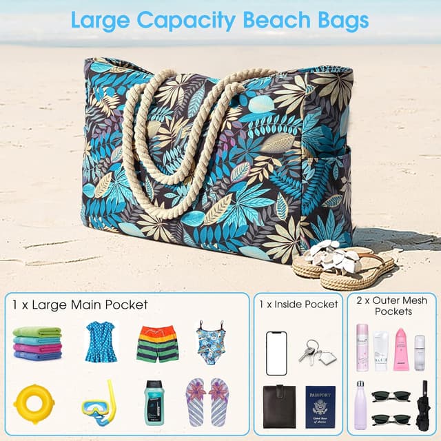 Detalle de Oscaurt Strandtasche XXL (Badetasche/Familie) wasserdicht mit Reißverschluss – faltbare Tote Bag