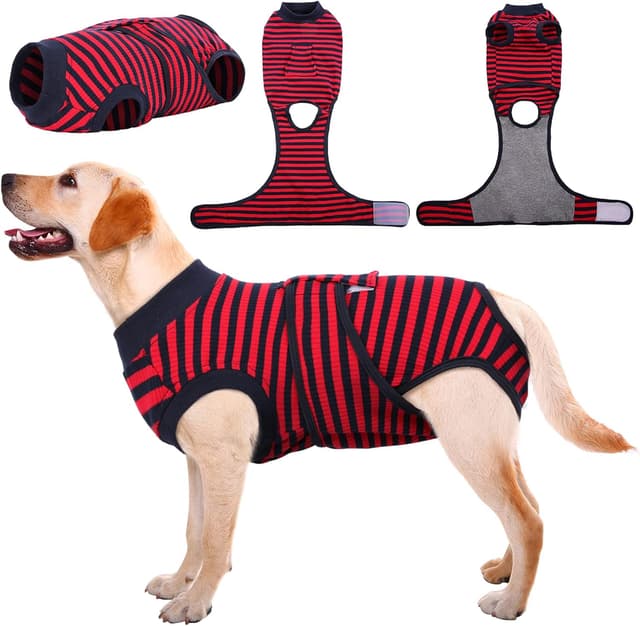 Detalle de Kuoser Dog Surgery Recovery Suit – Adjustable dog post-surgery body suit in red (cotton & spandex)