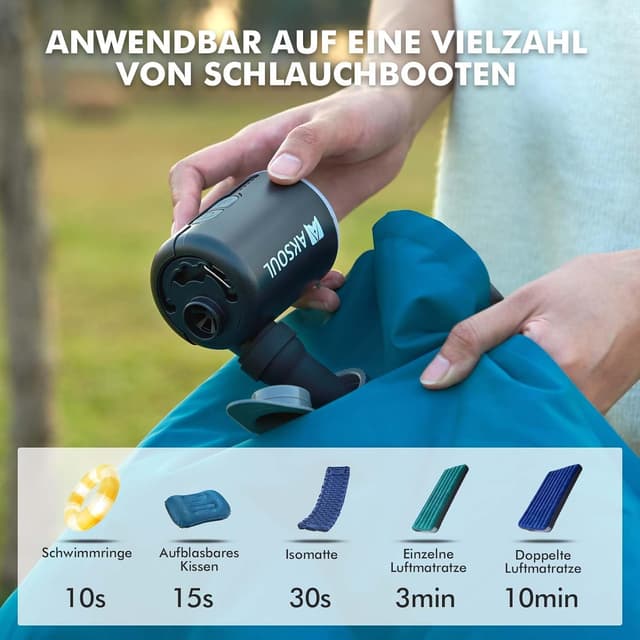 Thumbnail 6 de AKSOUL Akku-Luftpumpe mit Typ-C, 300 l/min und 4 Düsen – für Luftmatratzen, Pool-Luftmatratzen & Schlafunterlagen