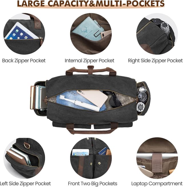 Detalle de S-Zone Unisex 56L Canvas Duffle Bag with Leather Trim – 2–4 Day Carry-On Weekender