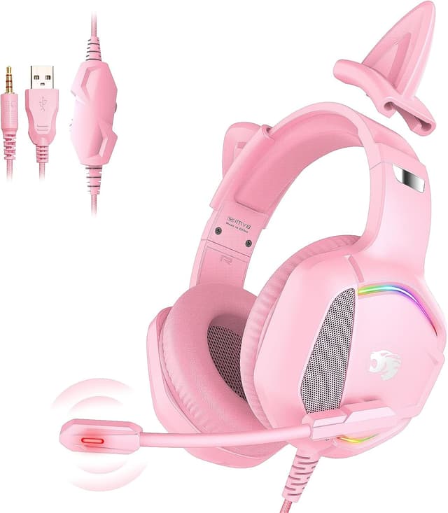 Detalle de IMYB Gaming Headset with Microphone (Pink) — PC, PS4/PS5, Xbox One, Switch wired over-ear