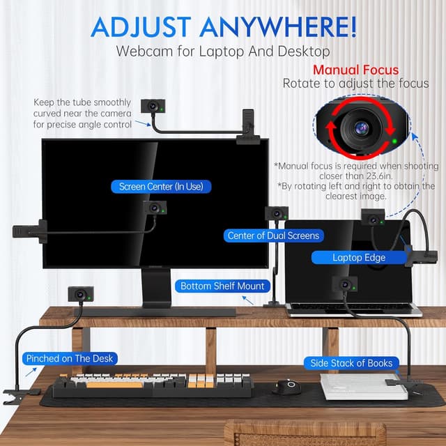 Detalle 2 de Webcam for PC (USB) with Adjustable Gooseneck, 1080P Manual Focus & Noise-Cancelling Mic (Black)