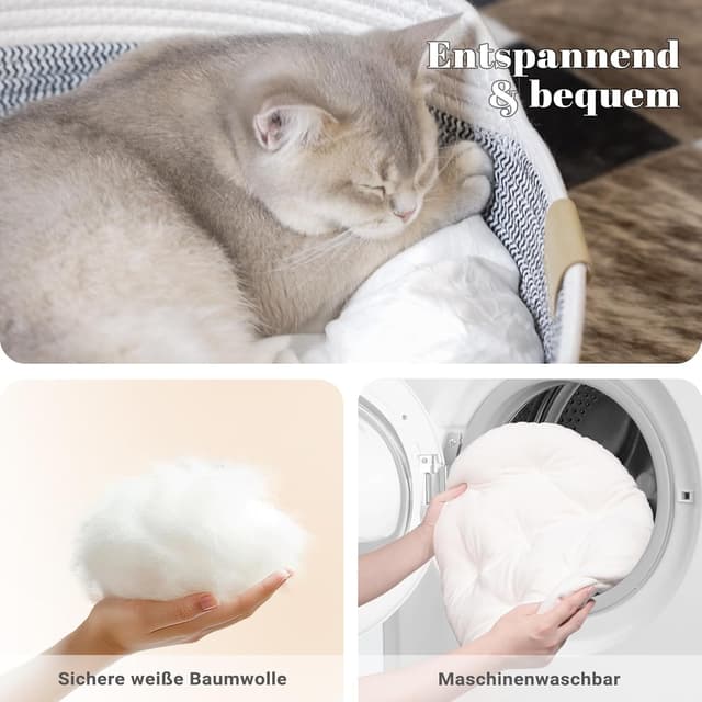 Detalle de CheerPals Katzenbett mit Kissen (47 cm) – waschbarer Katzenkorb aus Baumwollseilen, für Sommer & Winter