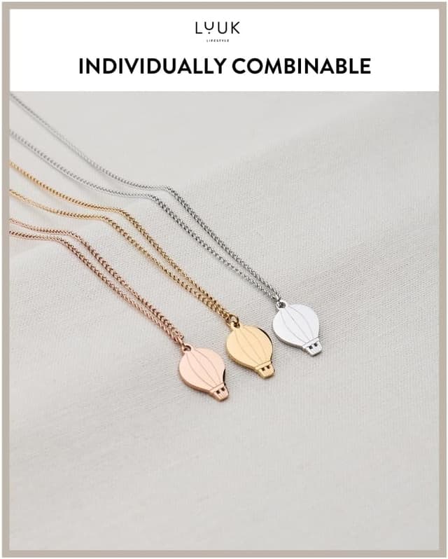 Detalle de LUUK LIFESTYLE collana con ciondolo a mongolfiera in acciaio inox e cartolina HAPPINESS, 50 cm