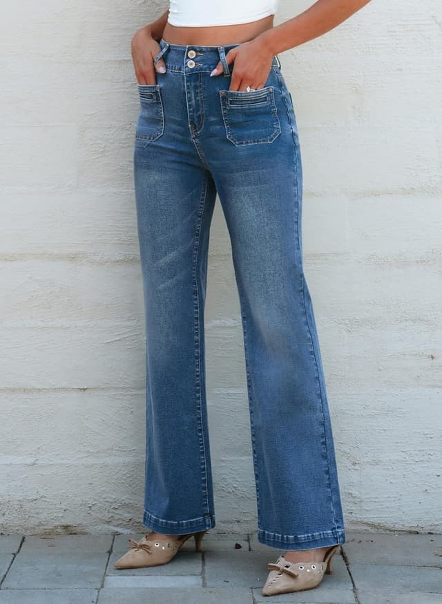 Detalle de Sidefeel Women’s High-Waisted Wide Leg Jeans with Tummy Control and Front Pockets