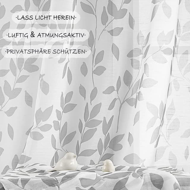 Detalle de Transparente Voile-Gardinen mit Ösen „Graue Blätter auf Weiß“ (2er-Set, 136 x 180 cm / 272 x 180 cm)